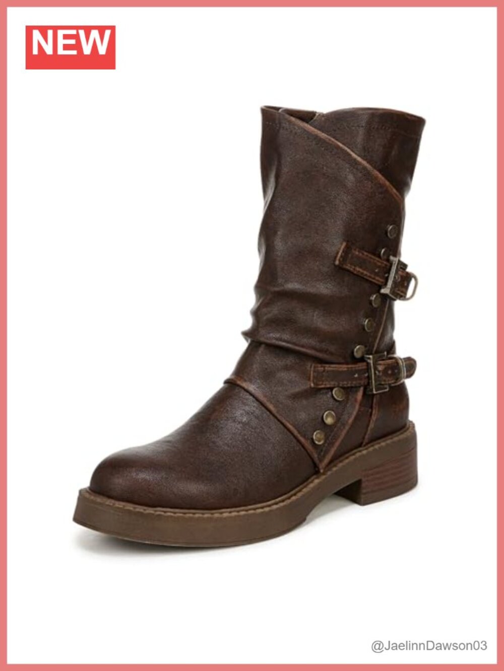 Faux Leather Mid Calf Moto Boots Side Zip Buckle Studded Block Heel